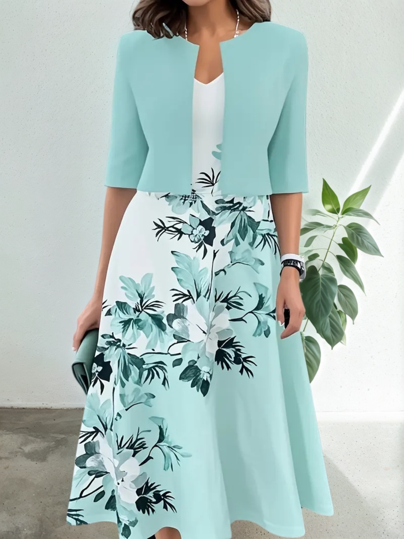 Mint Floral Midi Dress & Cropped Jacket Set —  2-Piece, view 4
