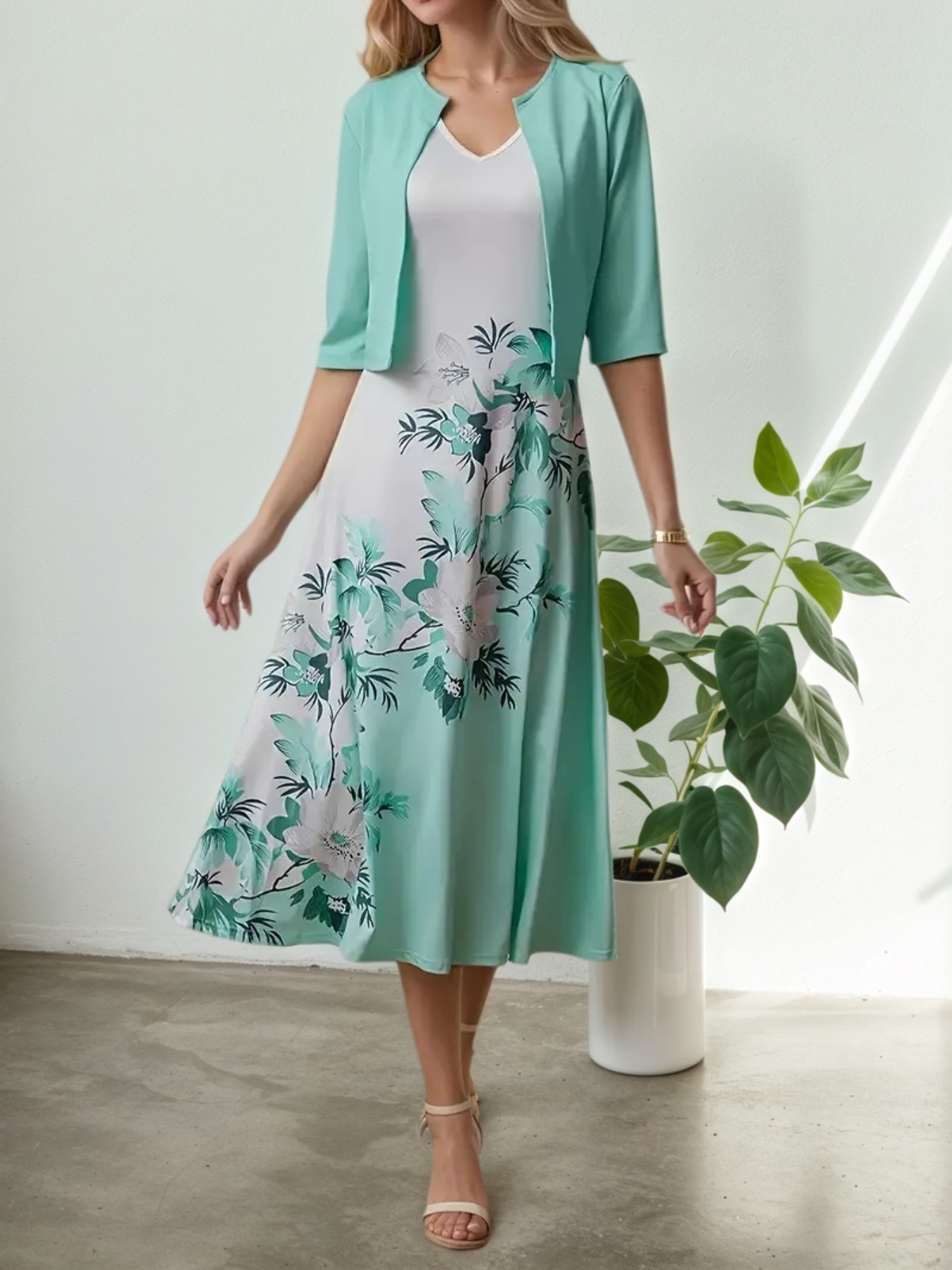 Mint Floral Midi Dress & Cropped Jacket Set —  2-Piece, view 5