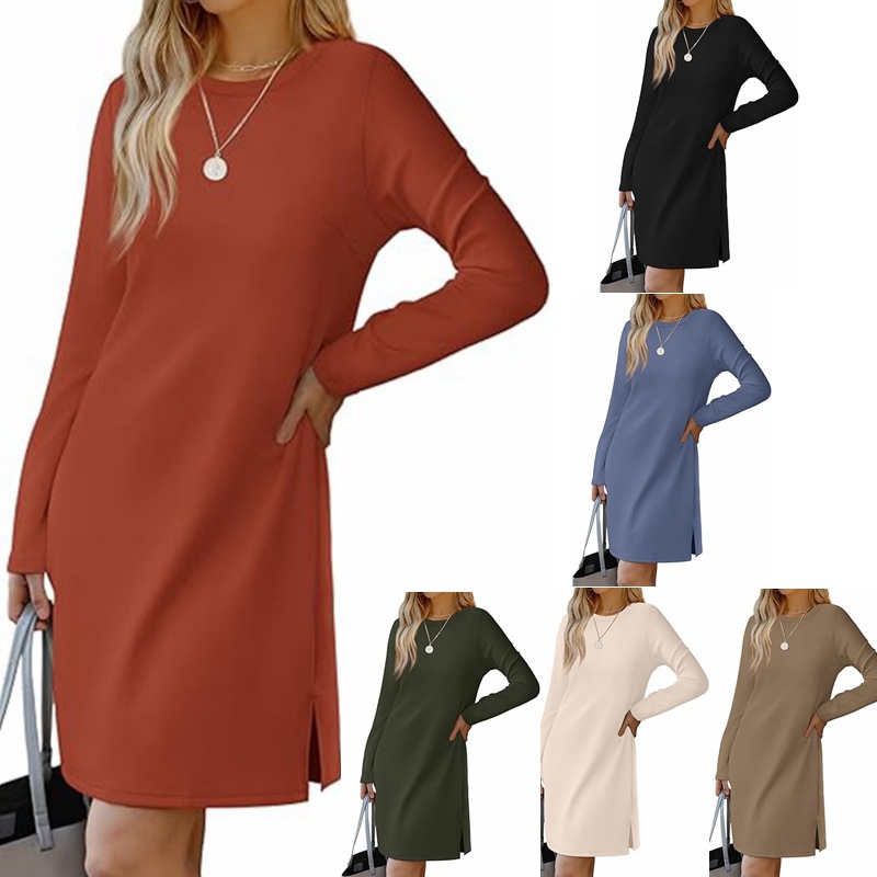 Women's A-Line Midi Dress with Round Neck, Long Sleeves, Slit Hem – Solid Colors, view 3