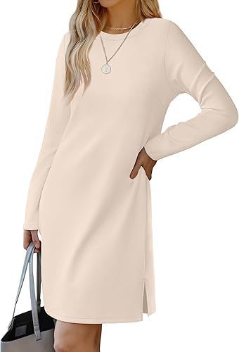 Women's A-Line Midi Dress with Round Neck, Long Sleeves, Slit Hem – Solid Colors, view 2