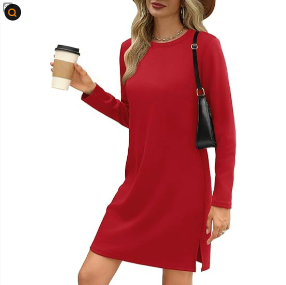 Women's A-Line Midi Dress with Round Neck, Long Sleeves, Slit Hem – Solid Colors, view 4