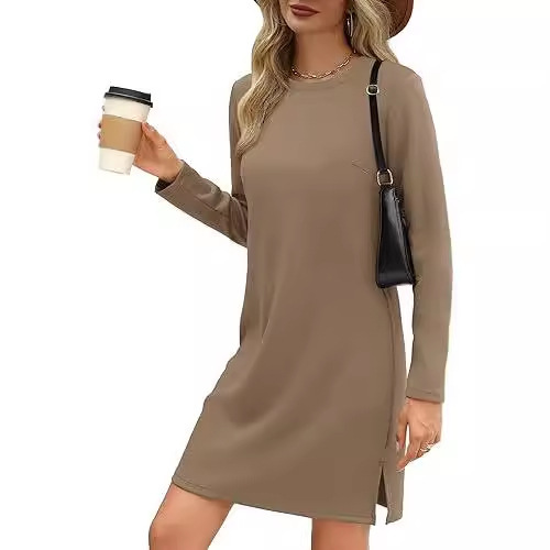 Women's A-Line Midi Dress with Round Neck, Long Sleeves, Slit Hem – Solid Colors, view 5