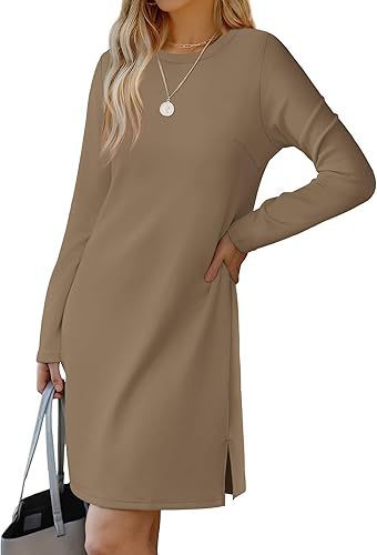 Women's A-Line Midi Dress with Round Neck, Long Sleeves, Slit Hem – Solid Colors, view 6