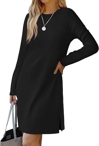 Women's A-Line Midi Dress with Round Neck, Long Sleeves, Slit Hem – Solid Colors, view 7