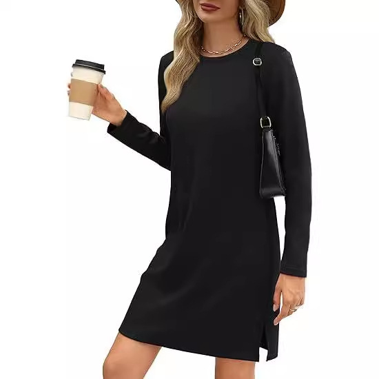Women's A-Line Midi Dress with Round Neck, Long Sleeves, Slit Hem – Solid Colors, view 8