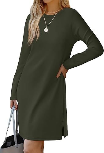 Women's A-Line Midi Dress with Round Neck, Long Sleeves, Slit Hem – Solid Colors