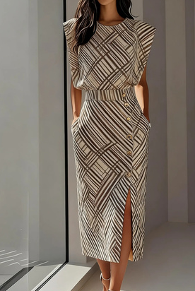 Women's Sleeveless Geometric Stripe Midi Dress with Side Slit, view 2