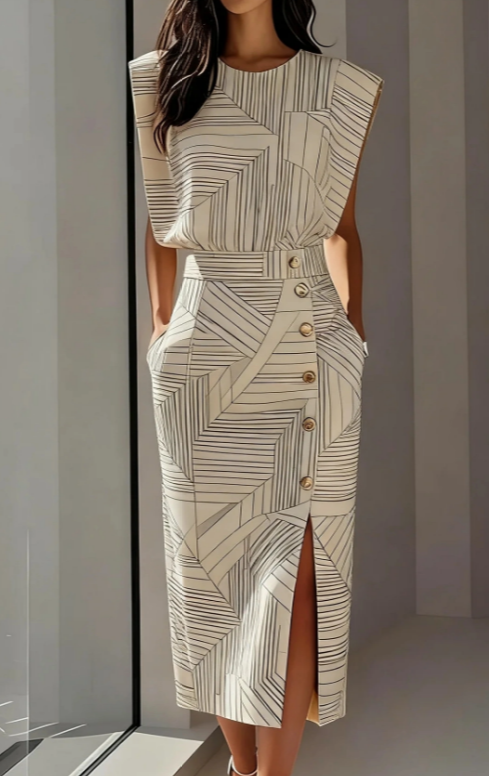 Women's Sleeveless Geometric Stripe Midi Dress with Side Slit, view 4