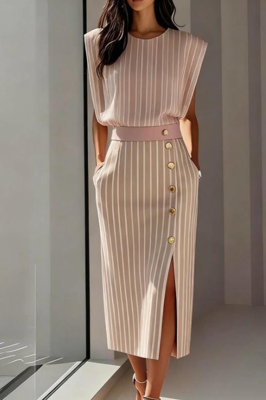 Women's Sleeveless Geometric Stripe Midi Dress with Side Slit, view 5