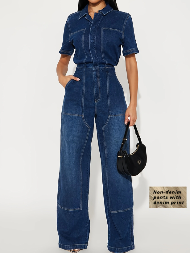 Women's Short‑Sleeve Denim‑Print Jumpsuit – High‑Waist, Wide‑Leg, Soft Fabric, view 3