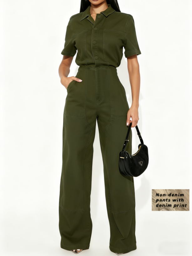 Women's Short‑Sleeve Denim‑Print Jumpsuit – High‑Waist, Wide‑Leg, Soft Fabric