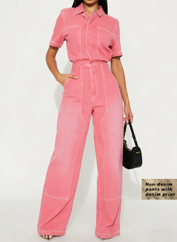 Women's Short‑Sleeve Denim‑Print Jumpsuit – High‑Waist, Wide‑Leg, Soft Fabric, view 2