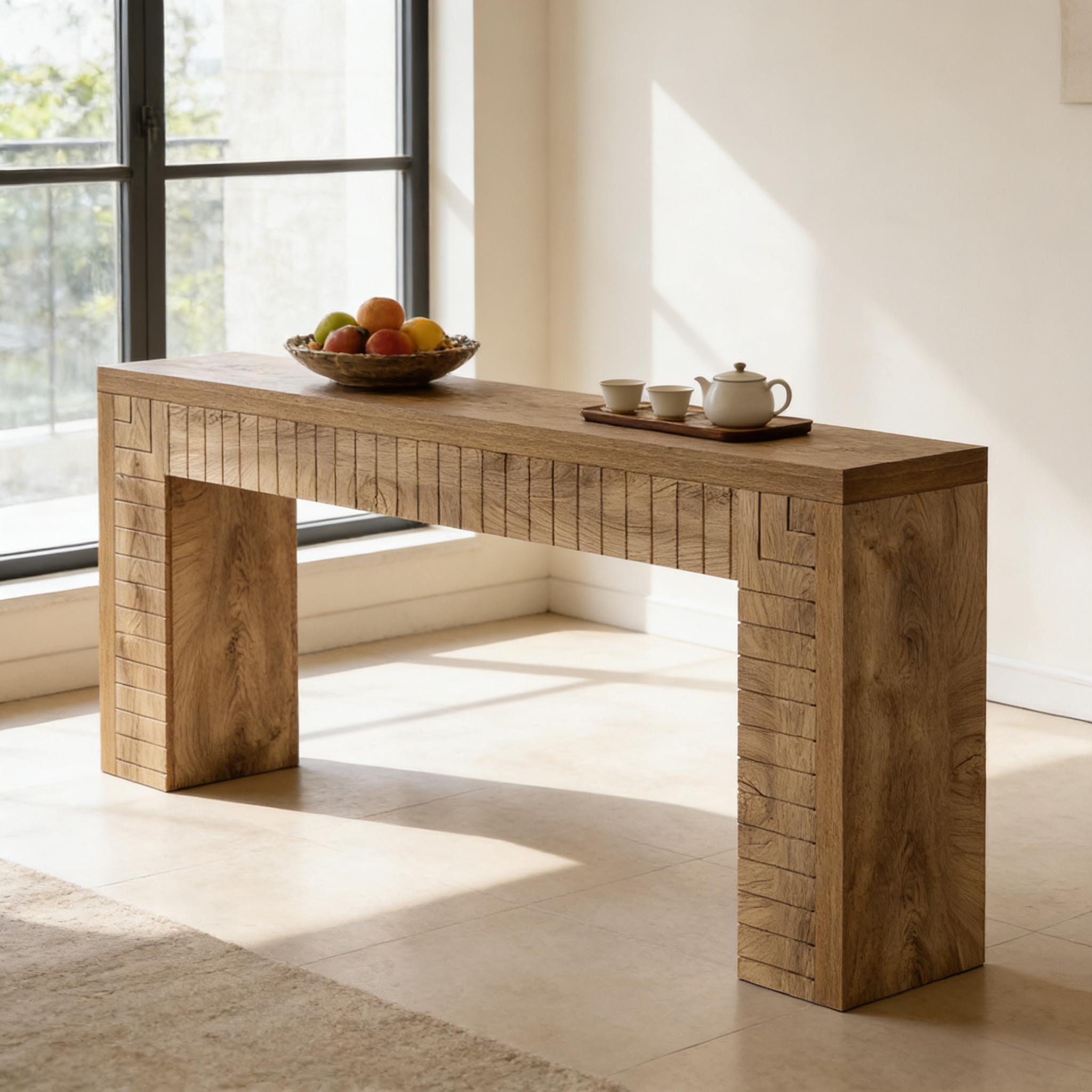 Rustic MDF Console Table – 71‑Inch Wide with Engraved Groove Surface, view 3