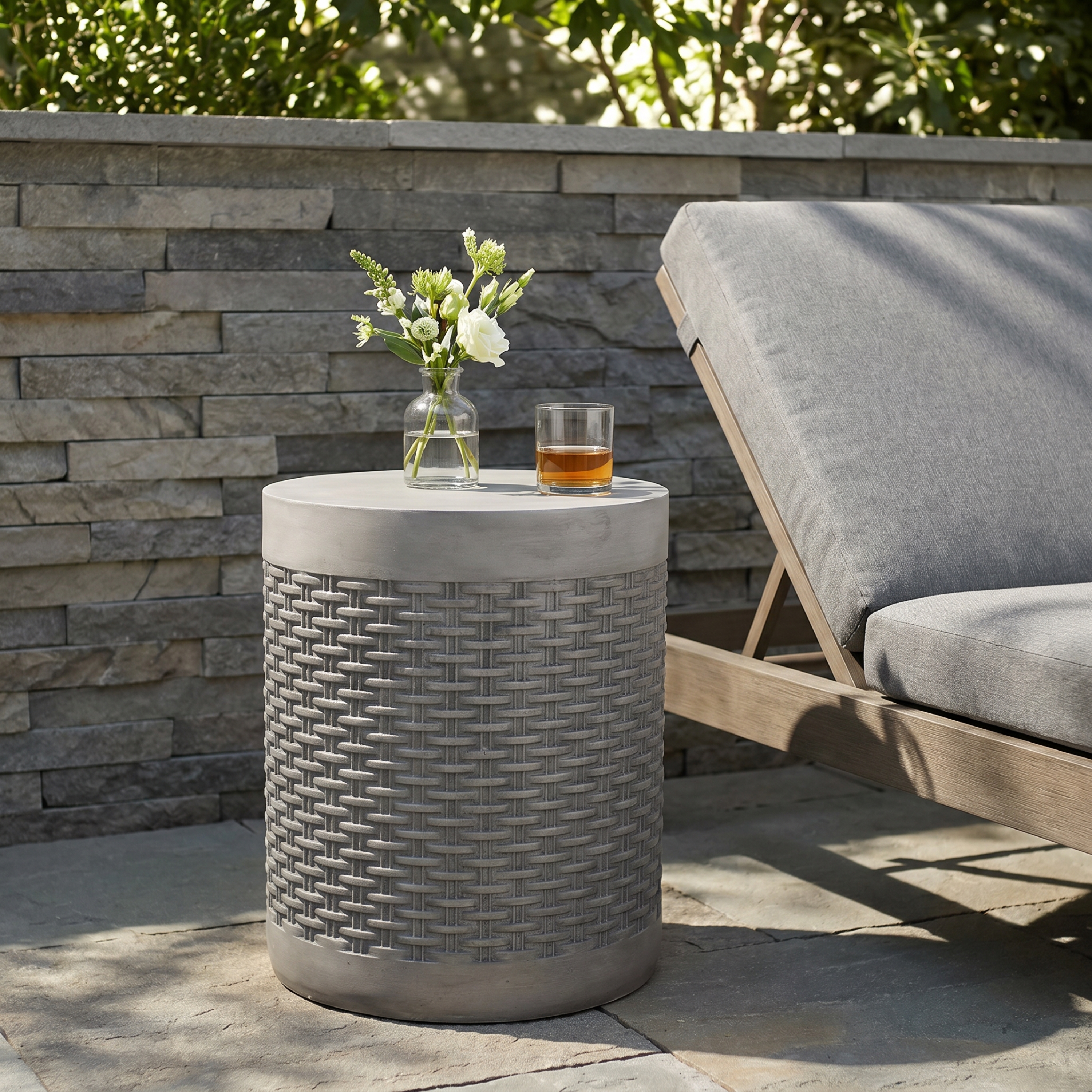 Round Concrete Outdoor Side Table — Basket Weave Patio End Table, view 3