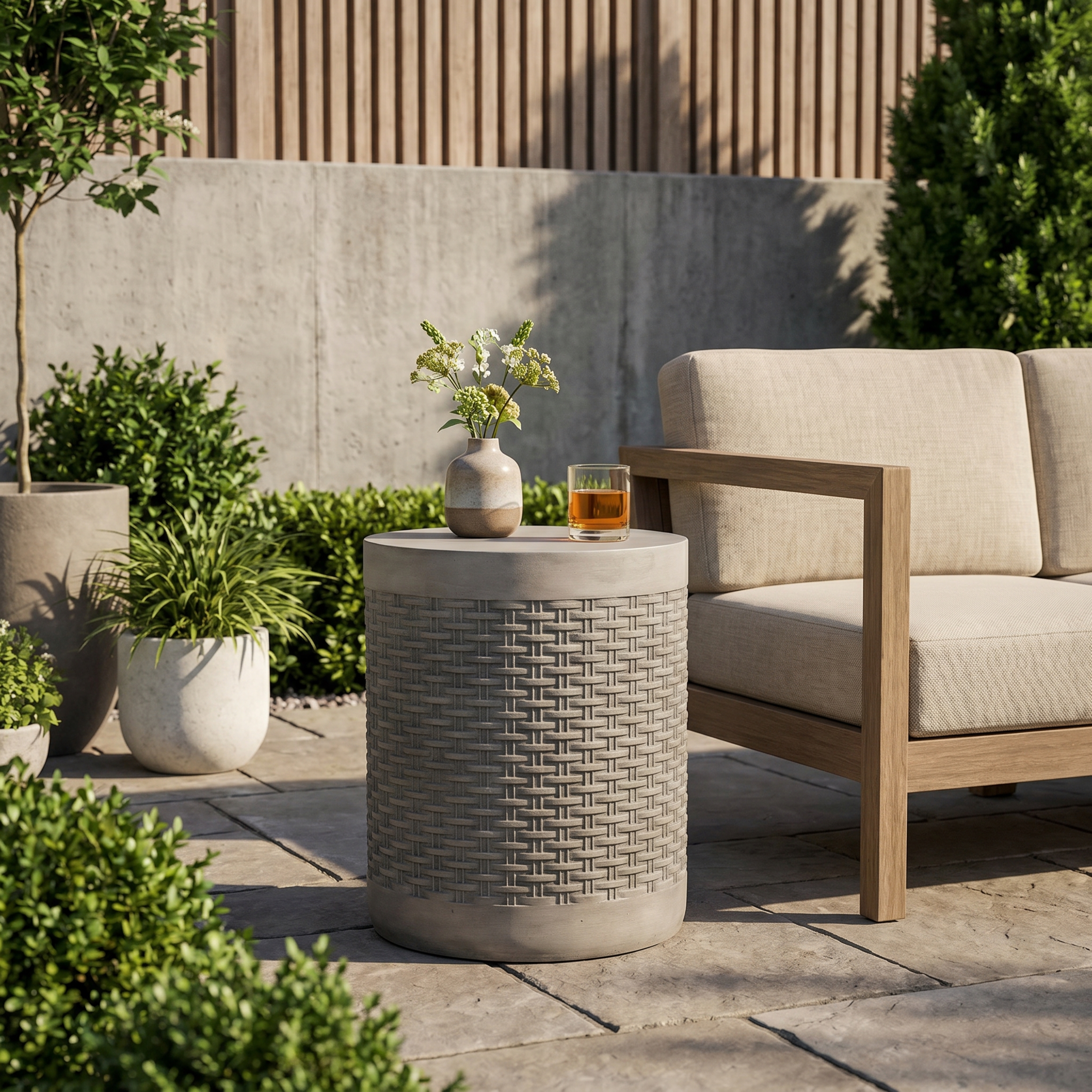 Round Concrete Outdoor Side Table — Basket Weave Patio End Table