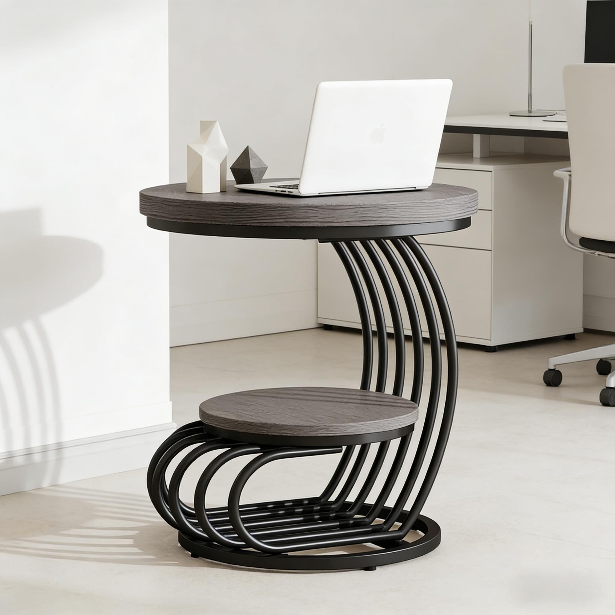 Round 2-Tier End Table, Curved Black Metal Frame & Grey Woodgrain, view 3