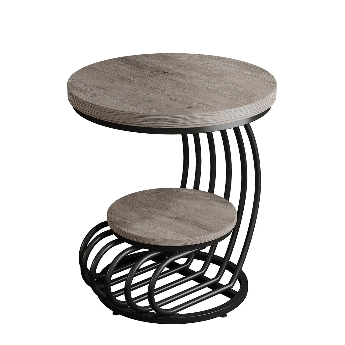 Round 2-Tier End Table, Curved Black Metal Frame & Grey Woodgrain, view 4