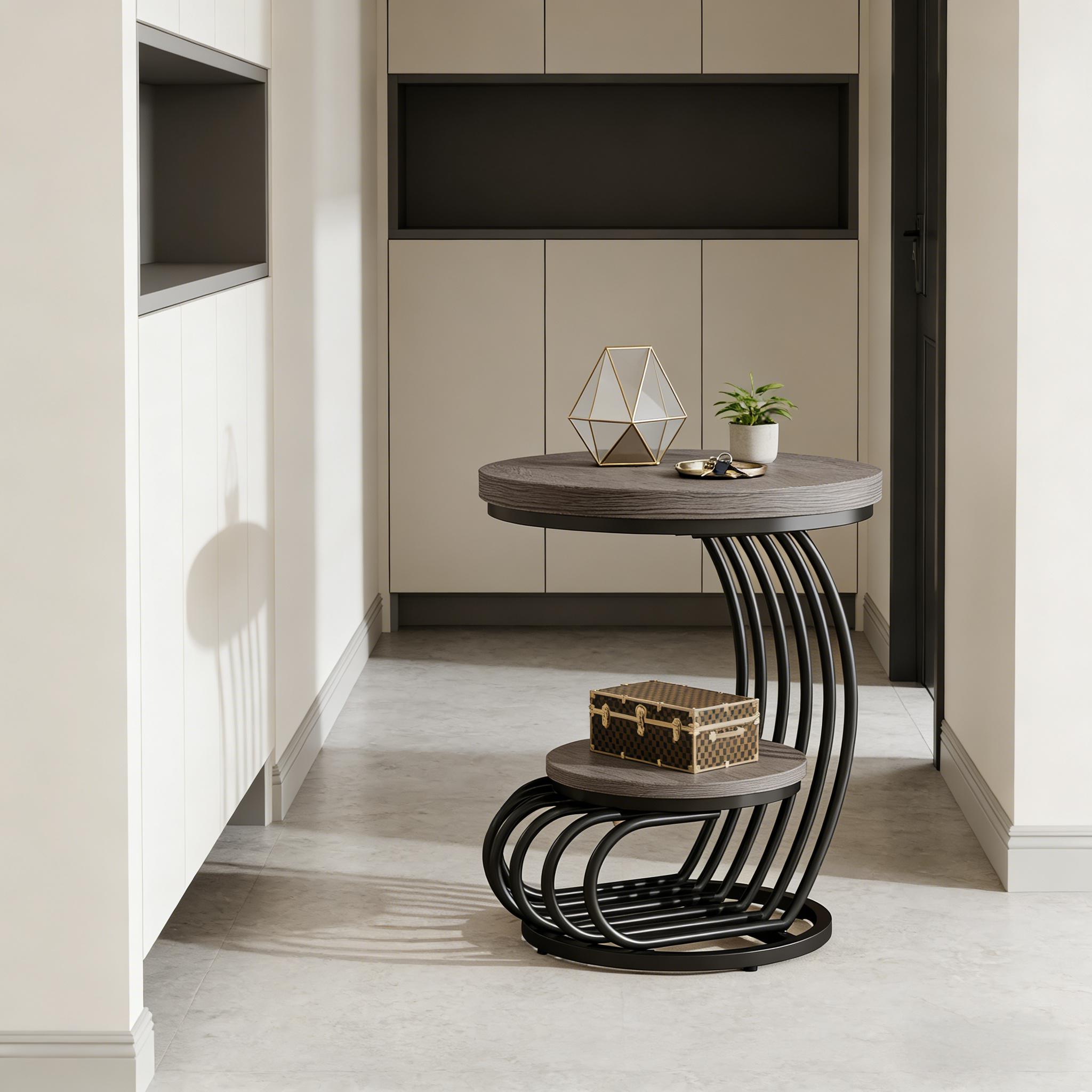 Round 2-Tier End Table, Curved Black Metal Frame & Grey Woodgrain