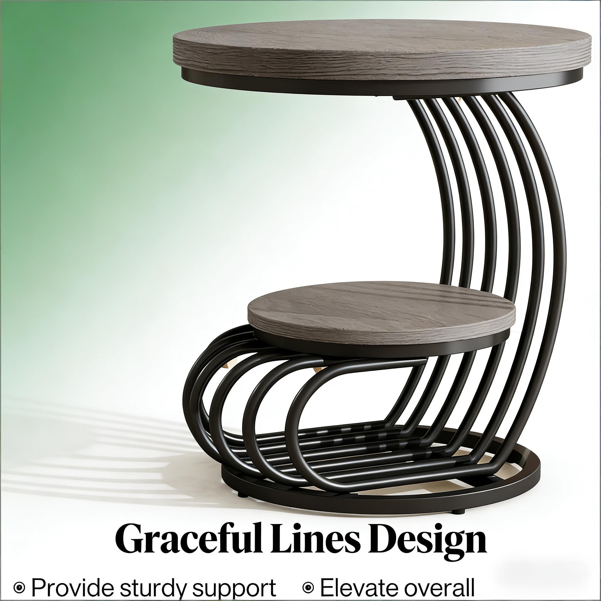 Round 2-Tier End Table, Curved Black Metal Frame & Grey Woodgrain, view 5
