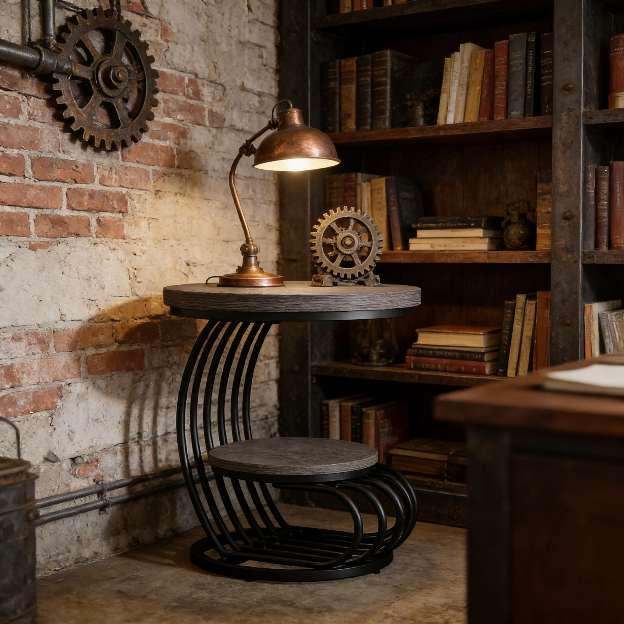 Round 2-Tier End Table, Curved Black Metal Frame & Grey Woodgrain, view 2
