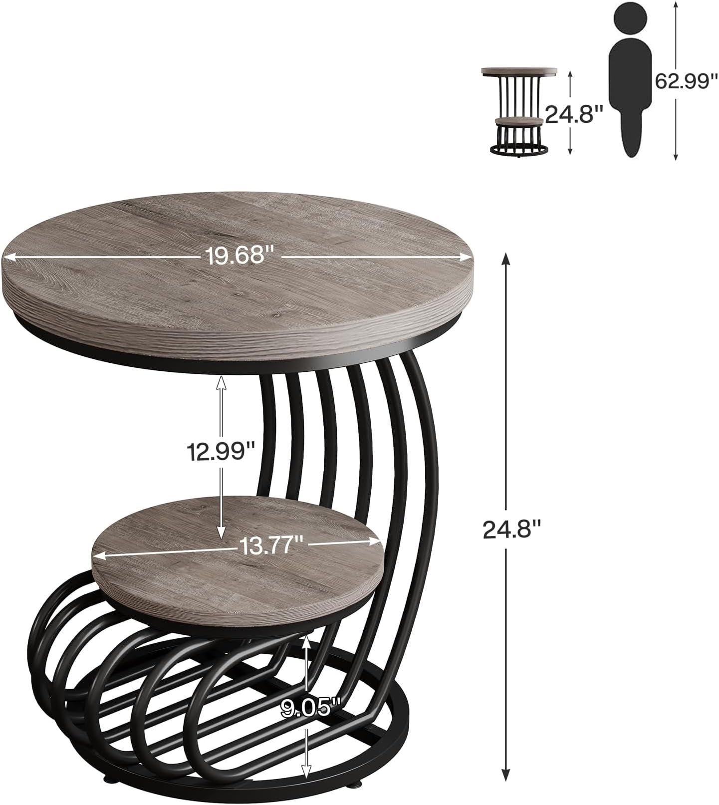 Round 2-Tier End Table, Curved Black Metal Frame & Grey Woodgrain, view 6