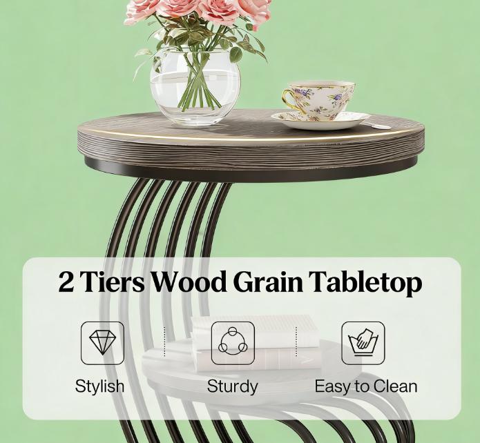 Round 2-Tier End Table, Curved Black Metal Frame & Grey Woodgrain, view 7