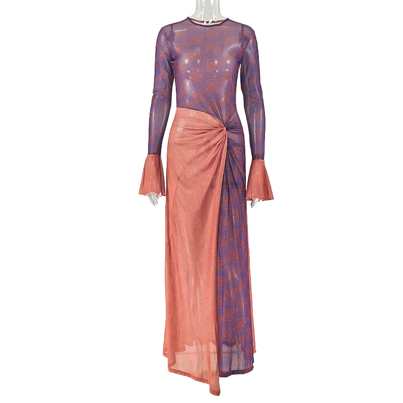 Sheer Mesh Maxi Dress With Knotted Sarong Skirt & Thigh-High Slit, view 2