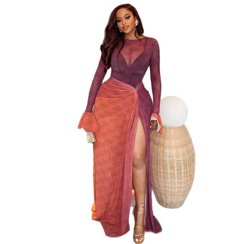Sheer Mesh Maxi Dress With Knotted Sarong Skirt & Thigh-High Slit, view 4