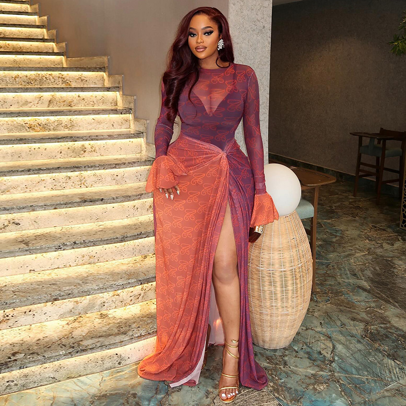 Sheer Mesh Maxi Dress With Knotted Sarong Skirt & Thigh-High Slit, view 6
