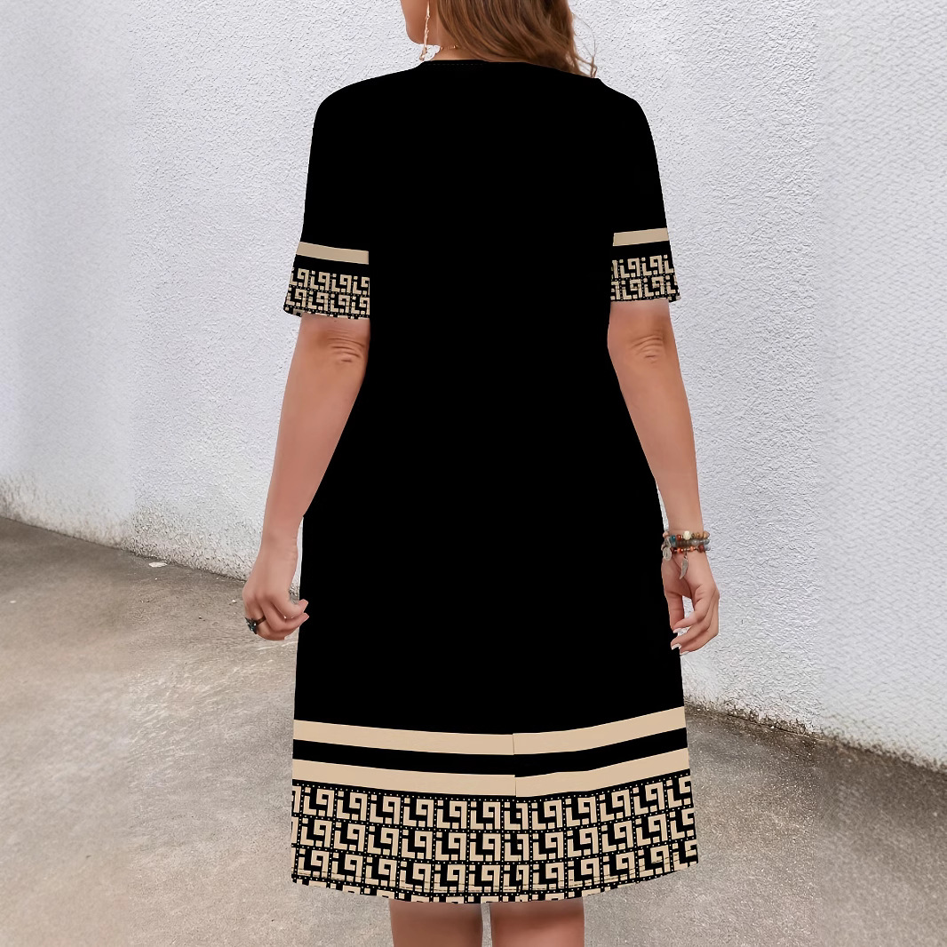 Black Greek-Key Border Midi Dress — Short Sleeve, Pockets, S-5XL, view 3