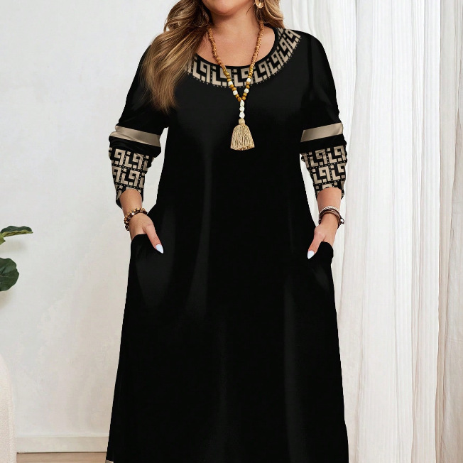 Black Greek-Key Border Midi Dress — Short Sleeve, Pockets, S-5XL, view 4
