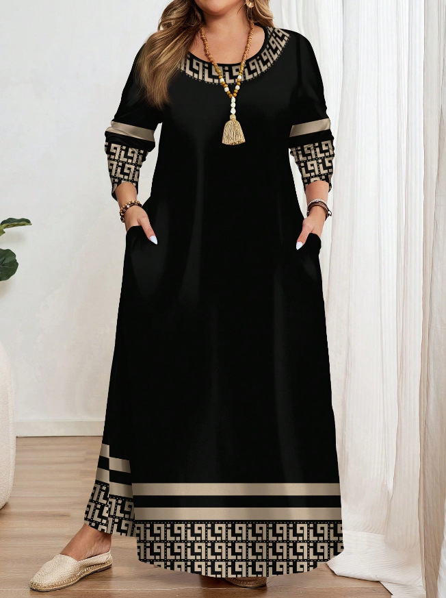Black Greek-Key Border Midi Dress — Short Sleeve, Pockets, S-5XL, view 5