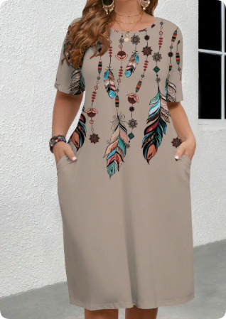 Black Greek-Key Border Midi Dress — Short Sleeve, Pockets, S-5XL, view 6