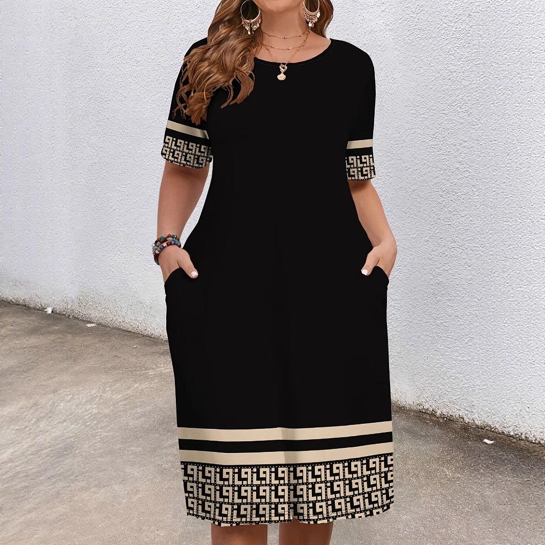 Black Greek-Key Border Midi Dress — Short Sleeve, Pockets, S-5XL, view 8