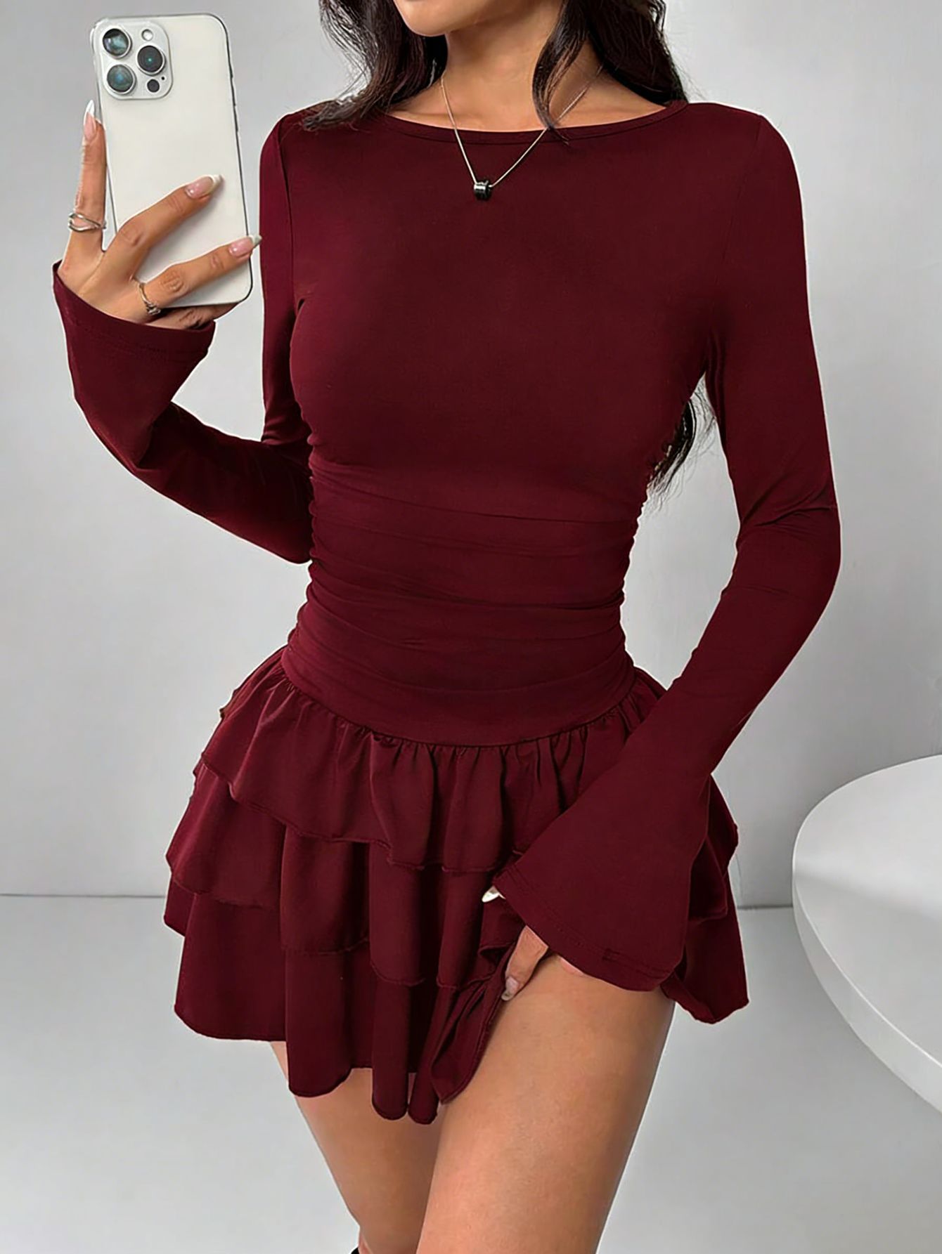 Round‑Neck Sheath Dress with Pleated Midi Skirt, Patchwork Detail & Long Sleeves – Teen Size XS‑L, view 2