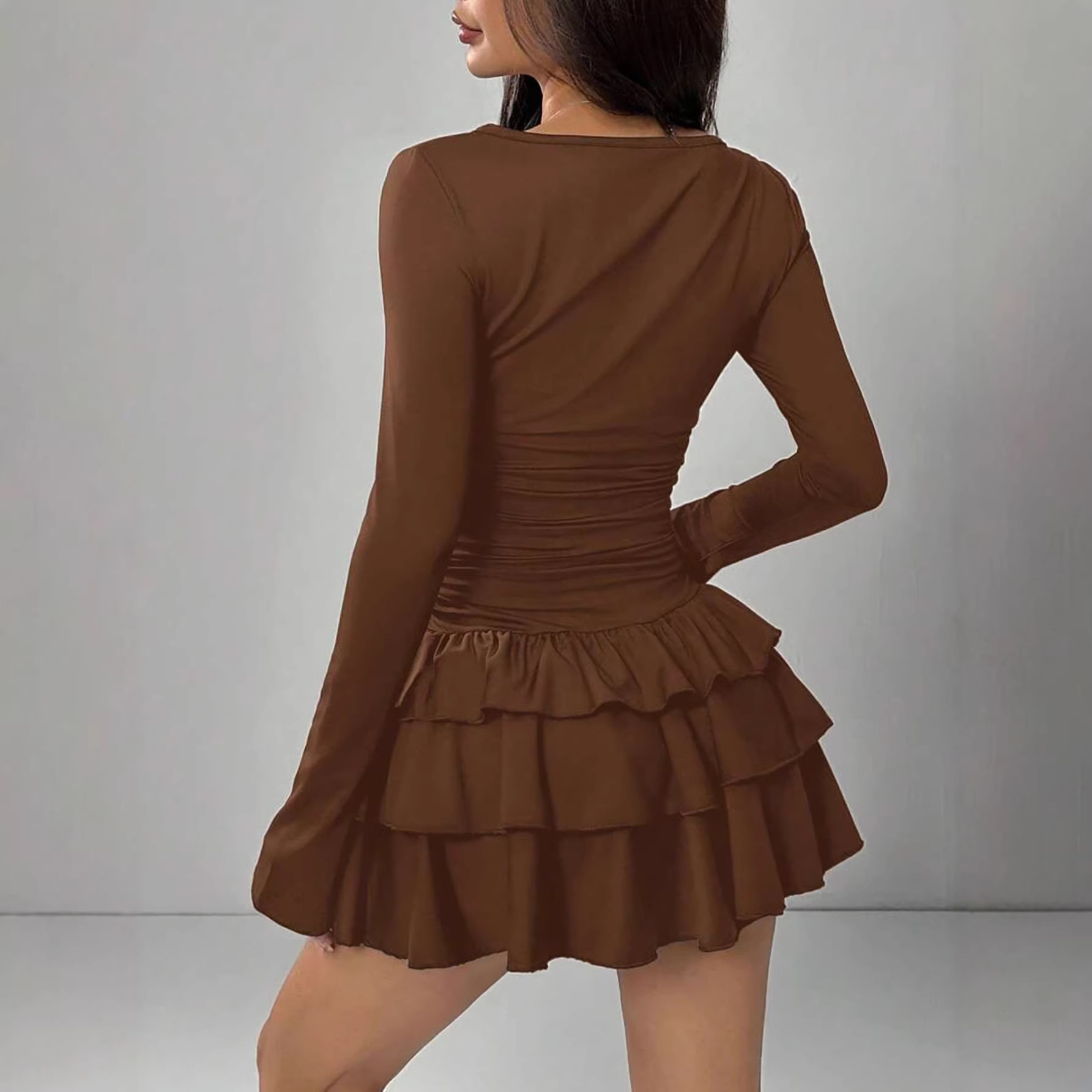 Round‑Neck Sheath Dress with Pleated Midi Skirt, Patchwork Detail & Long Sleeves – Teen Size XS‑L, view 4