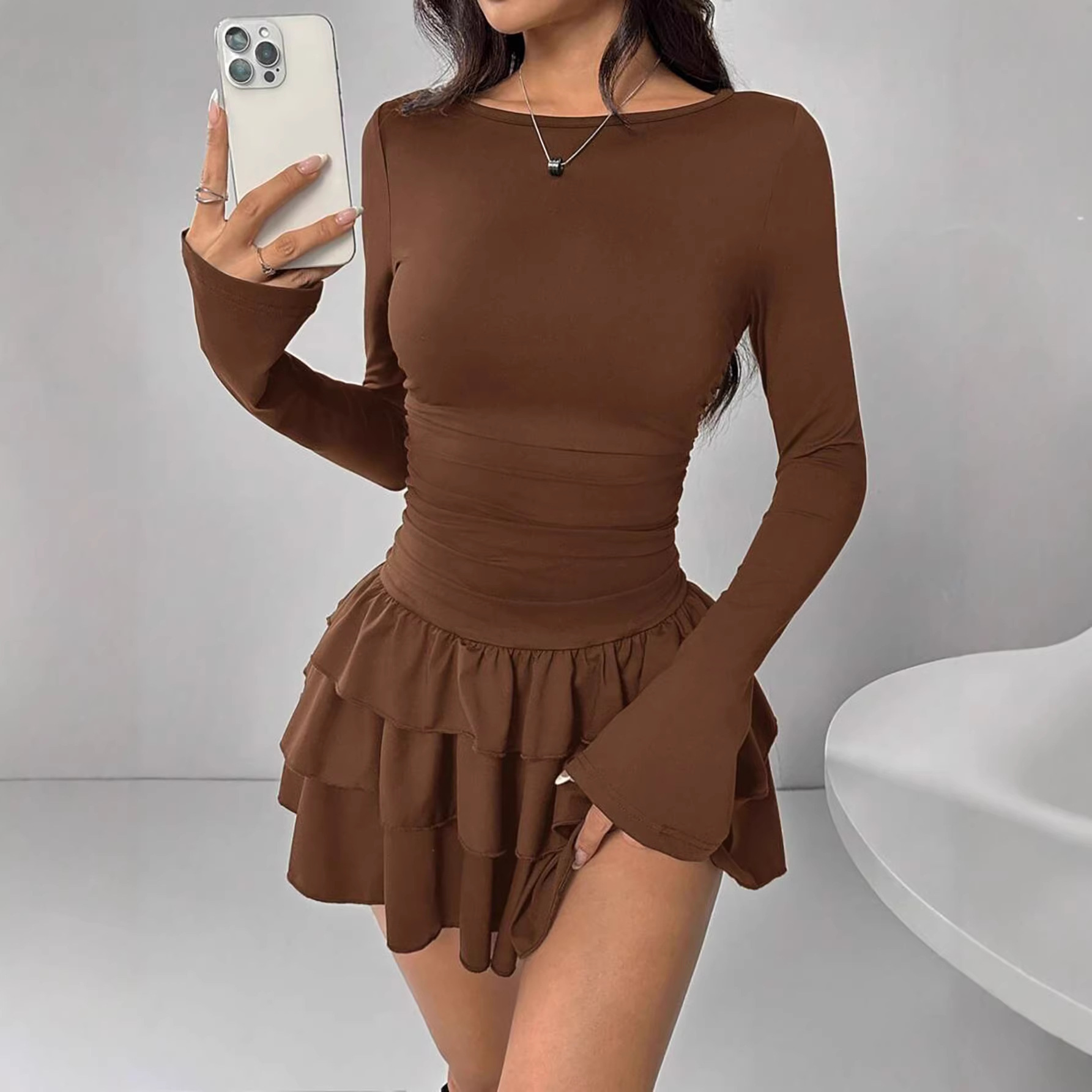 Round‑Neck Sheath Dress with Pleated Midi Skirt, Patchwork Detail & Long Sleeves – Teen Size XS‑L, view 7