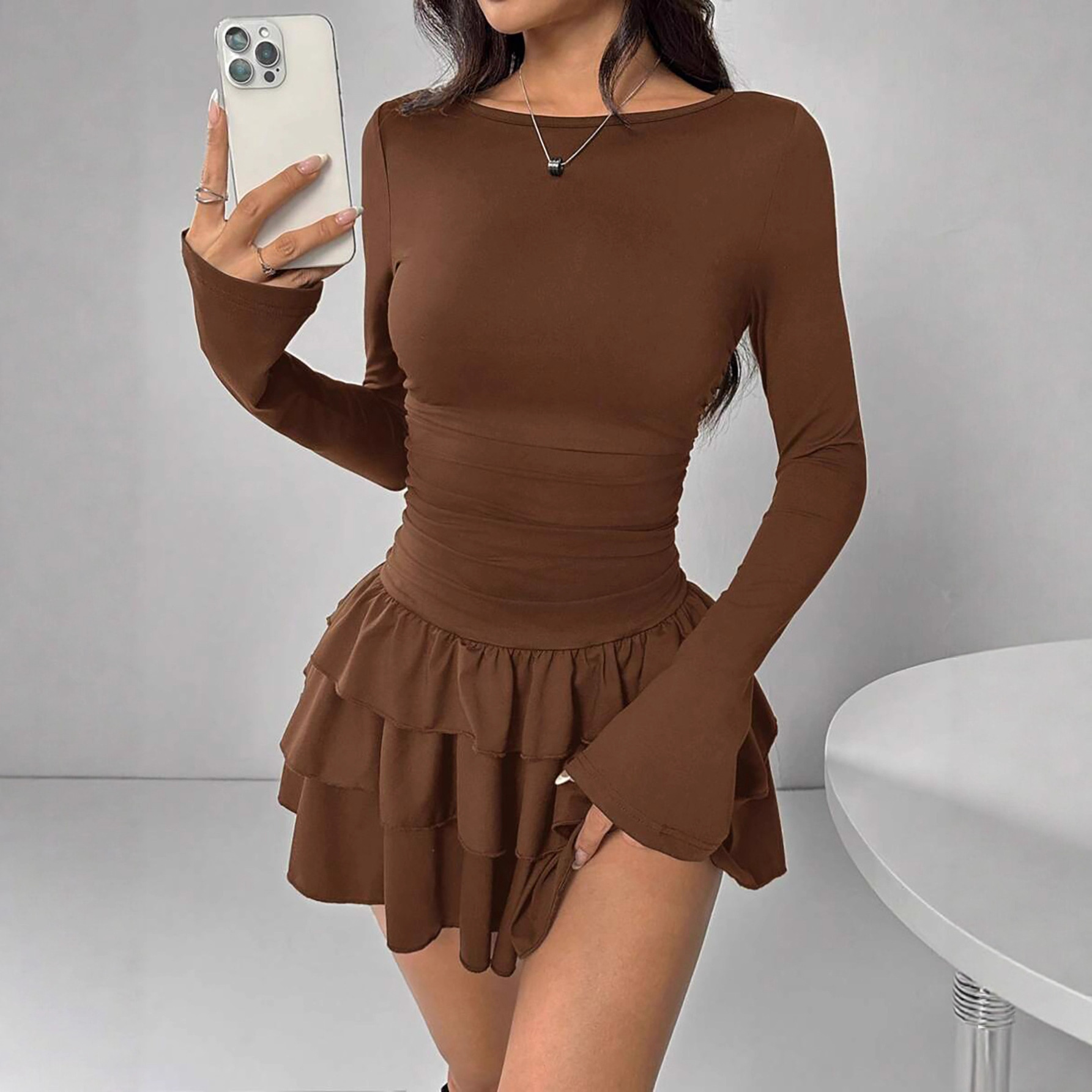 Round‑Neck Sheath Dress with Pleated Midi Skirt, Patchwork Detail & Long Sleeves – Teen Size XS‑L, view 8