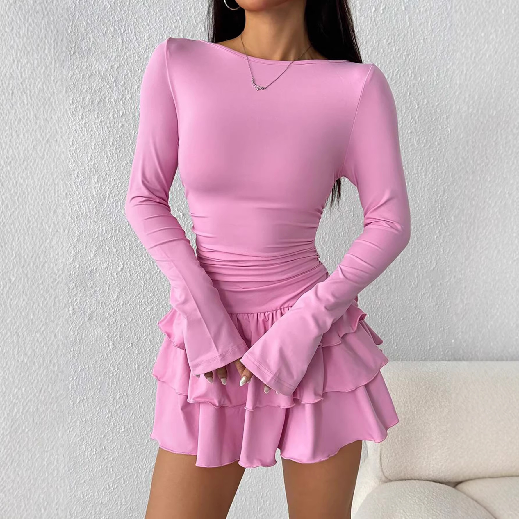 Round‑Neck Sheath Dress with Pleated Midi Skirt, Patchwork Detail & Long Sleeves – Teen Size XS‑L