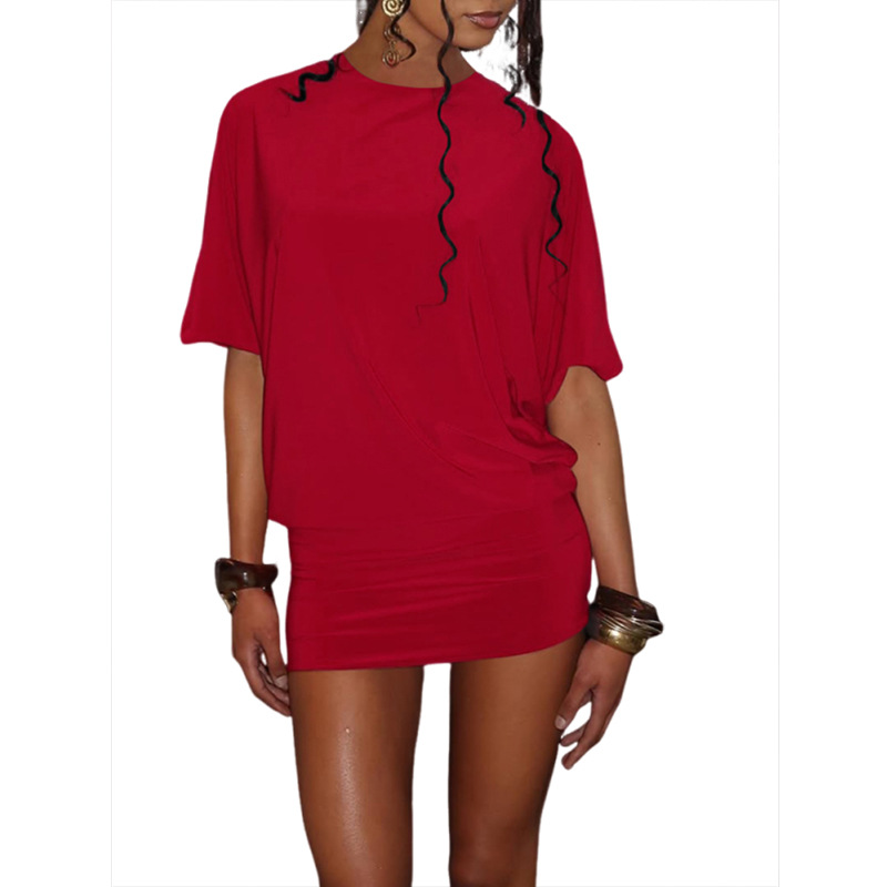 Open-Back Mini Dress — Draped Batwing Sleeves, Black, Red