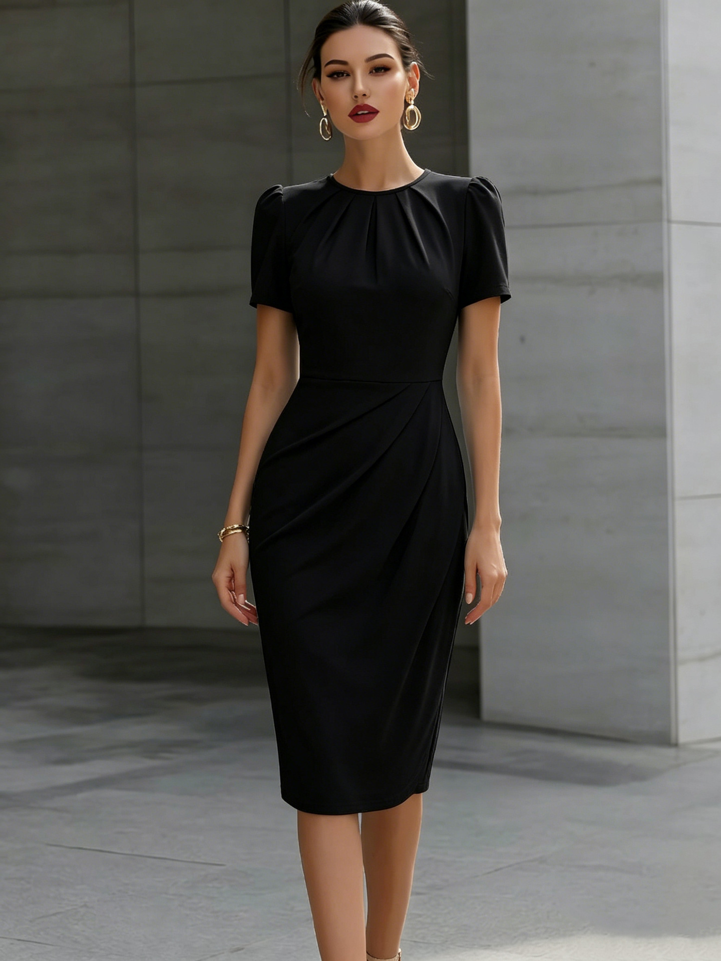 Round‑Neck Pleated Waist A‑Line Dress – Slim Fit, Solid Colors, view 2