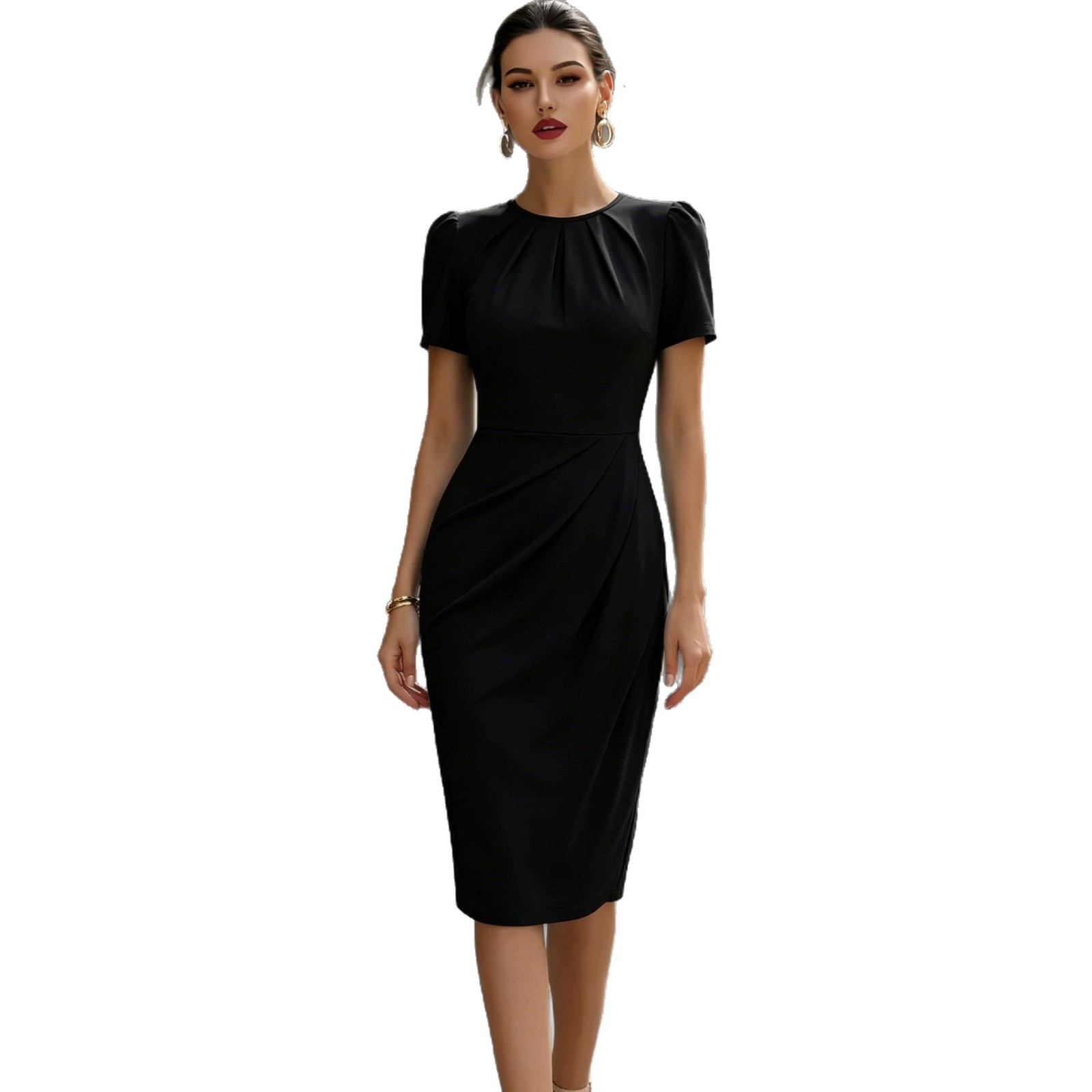 Round‑Neck Pleated Waist A‑Line Dress – Slim Fit, Solid Colors, view 3