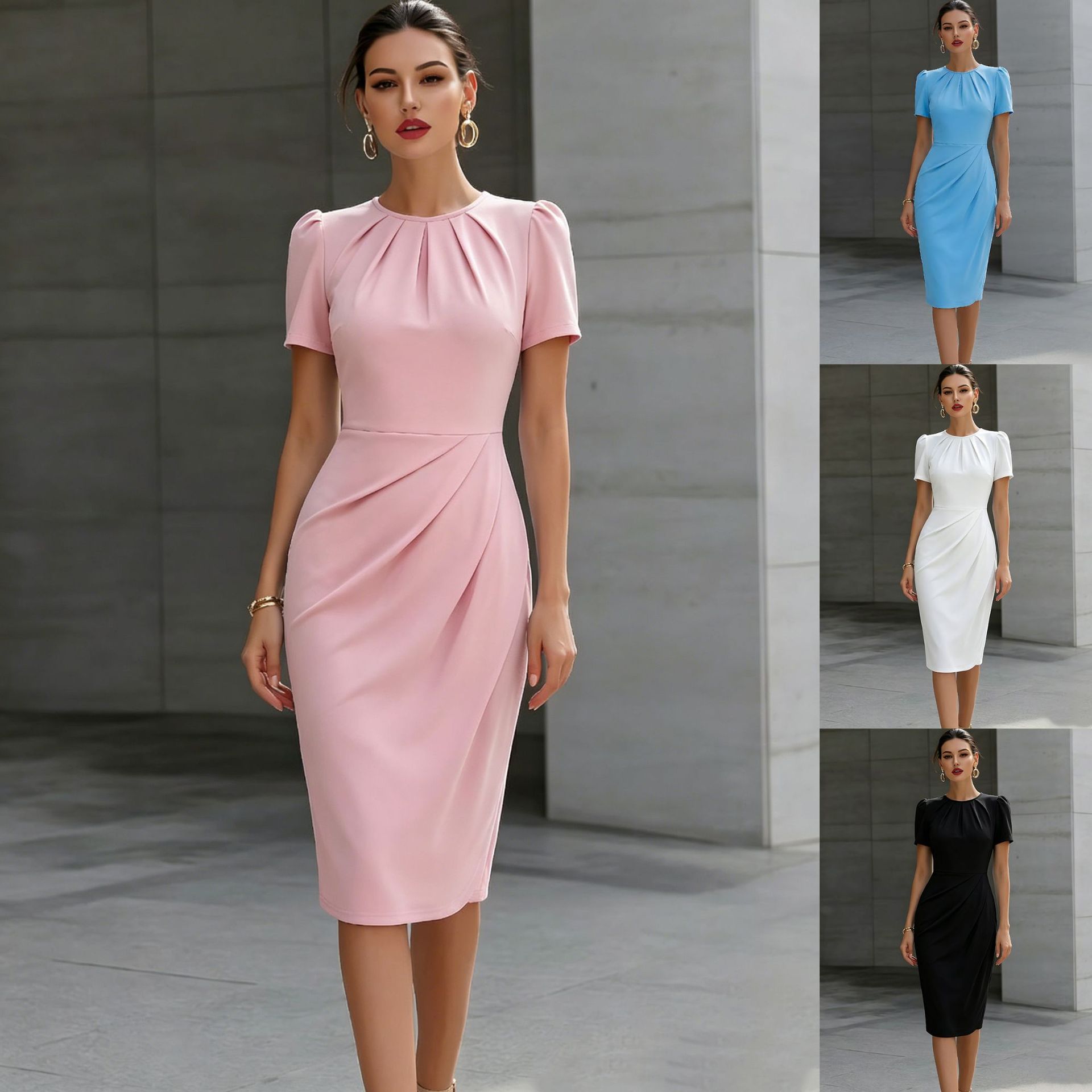 Round‑Neck Pleated Waist A‑Line Dress – Slim Fit, Solid Colors, view 7