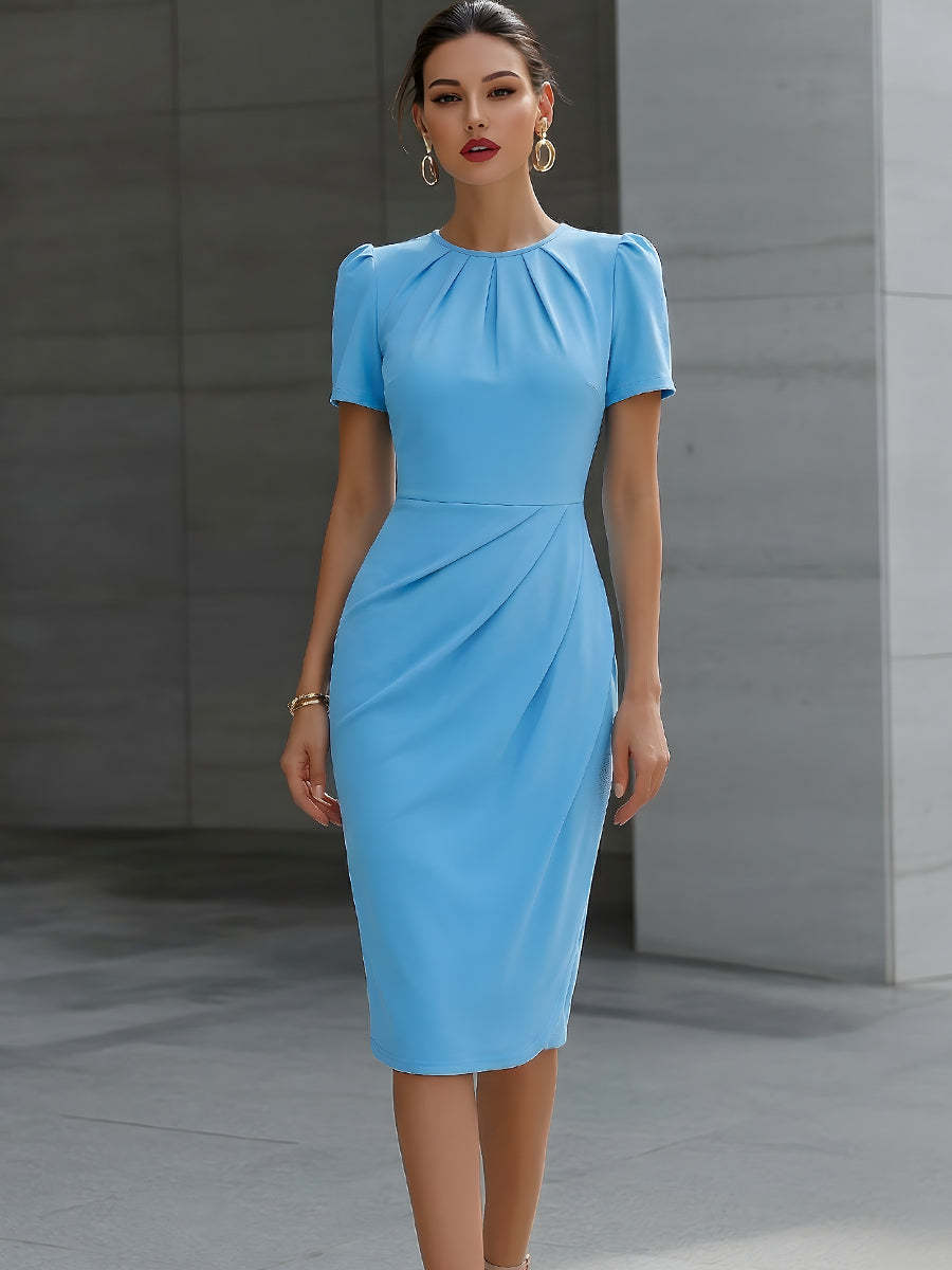 Round‑Neck Pleated Waist A‑Line Dress – Slim Fit, Solid Colors, view 8
