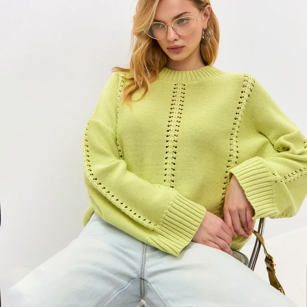 Pointelle Stripe Knit Sweater — Oversized Round Neck Pullover