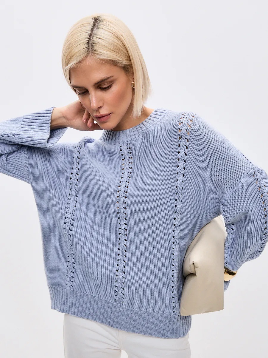 Pointelle Stripe Knit Sweater — Oversized Round Neck Pullover, view 2