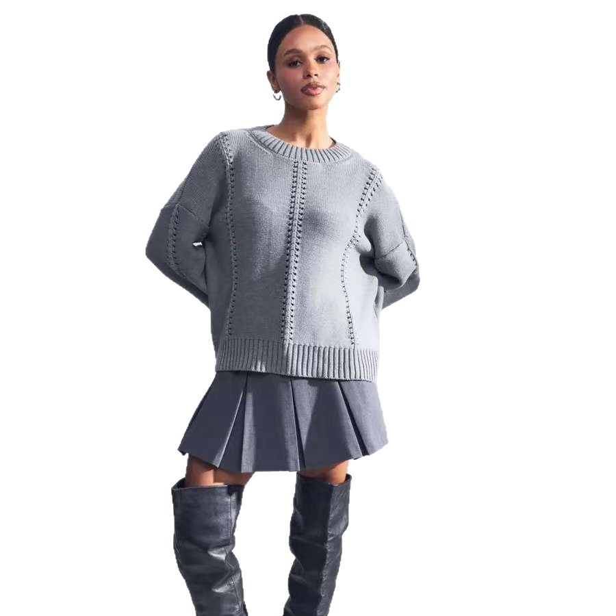Pointelle Stripe Knit Sweater — Oversized Round Neck Pullover, view 3