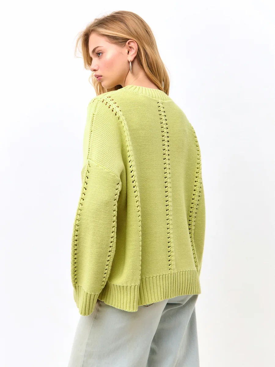 Pointelle Stripe Knit Sweater — Oversized Round Neck Pullover, view 4