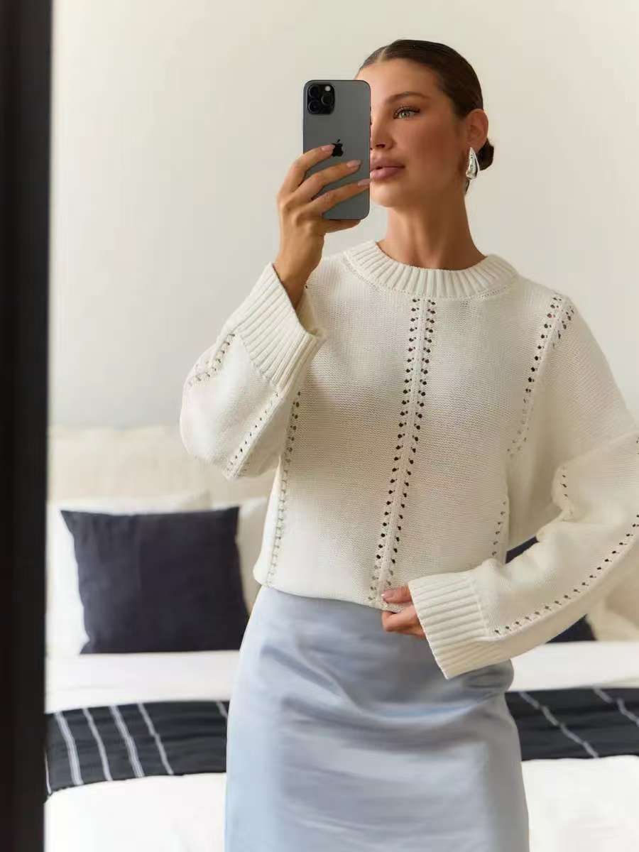 Pointelle Stripe Knit Sweater — Oversized Round Neck Pullover, view 5