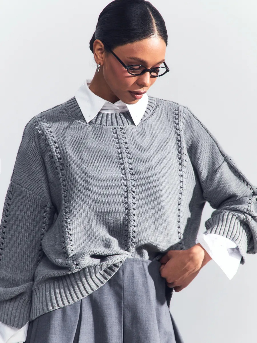 Pointelle Stripe Knit Sweater — Oversized Round Neck Pullover, view 7